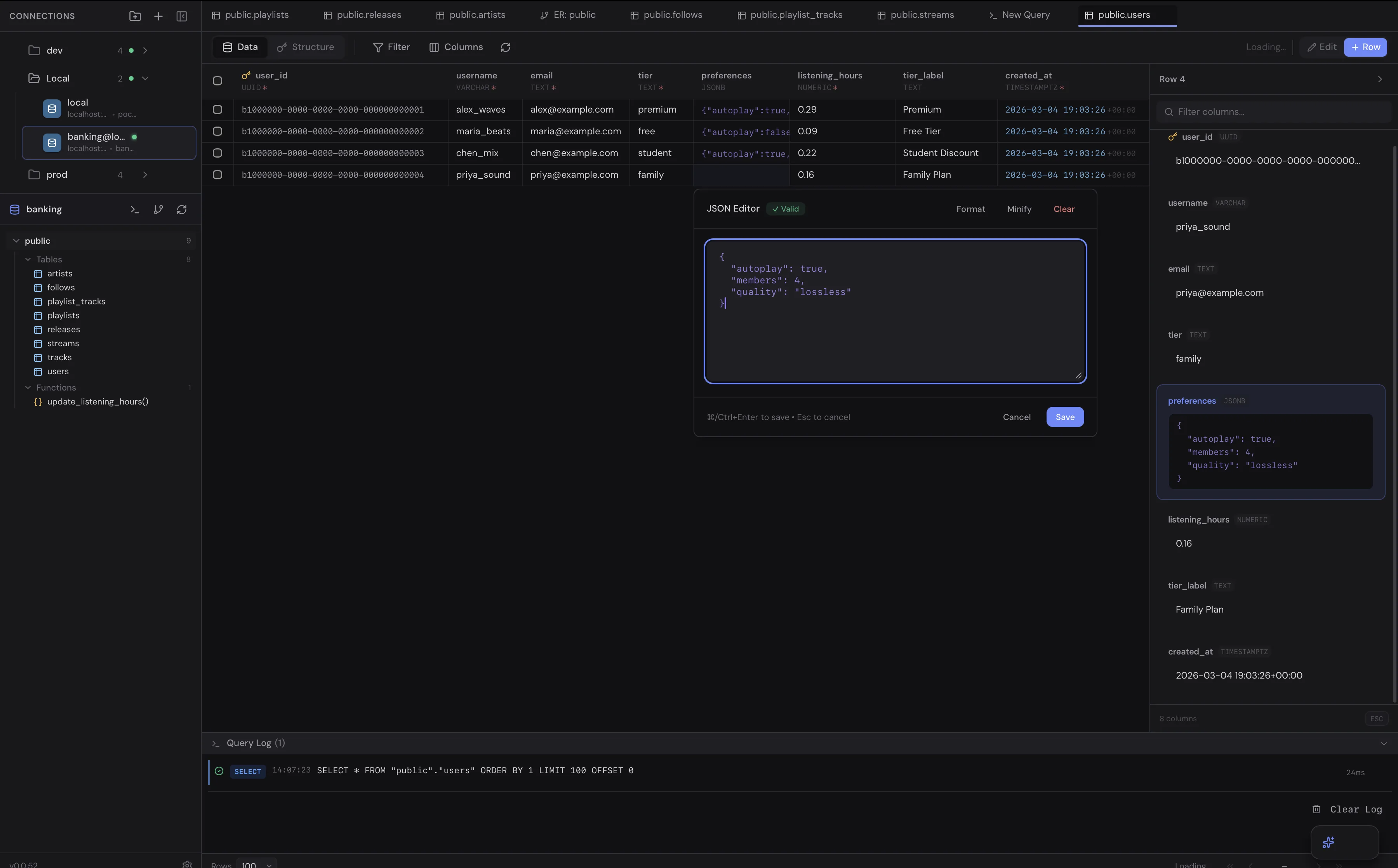 TableHub inline data editing with JSON editor and row detail panel