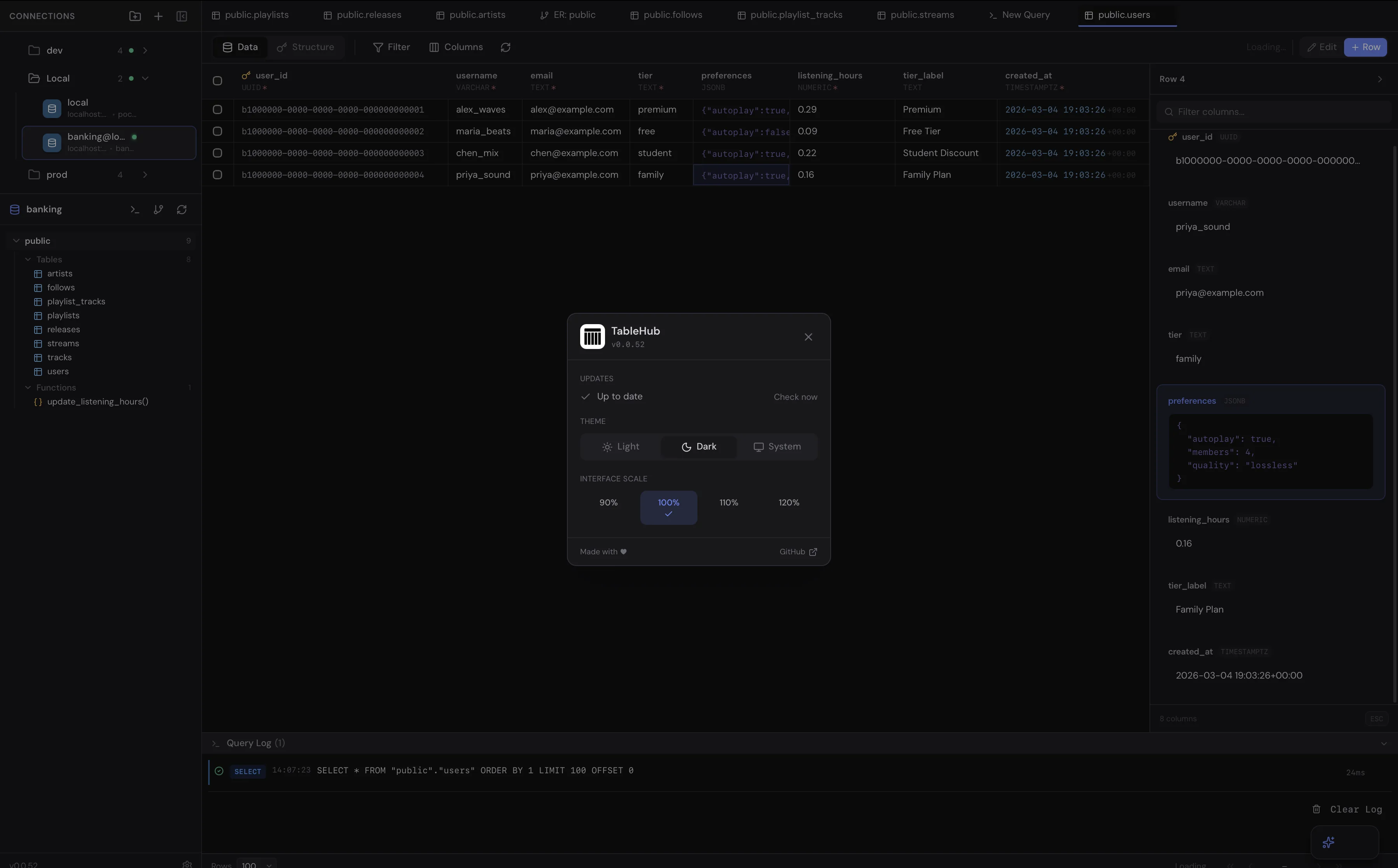 TableHub theme settings showing light, dark, and system theme options
